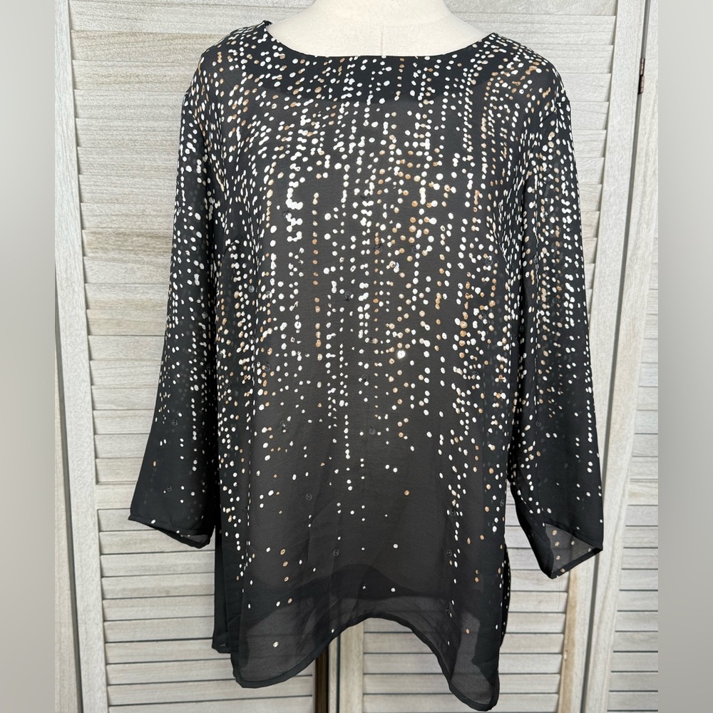 COLDWATER CREEK Sequined Chiffon Blouse with Dot Print Black/Multi-XL (16)